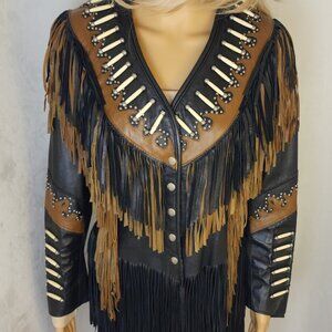 Vintage Leather Jacket  Womens XS Western Native Style Jacket With Fringes SHAF